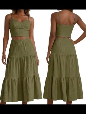 Olive Tiered Maxi Skirt - Tank Top Women's Casual Summer 2 Piece Dress